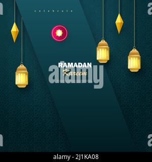 Ramadan kareem green background with combination of shiny golden lanterns, geometric pattern. Islamic backgrounds for posters, banners, greeting cards Stock Vector