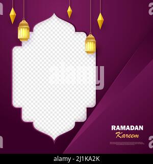 Ramadan Kareem, islamic arabic burgundy luxury background with geometric pattern and empty photo space. Golden lanterns and arabesques. Template Stock Vector