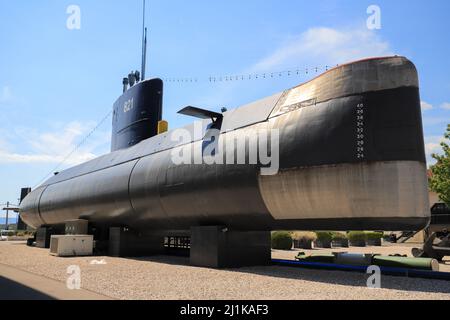 Old military submarine mounted on land in a museum in Tivat Stock Photo ...