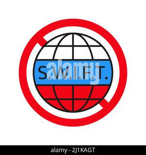 Round red no symbol with the flag of Russia. SWIFT sign. Stop Russian financial world transactions. Vector isolated on white. Stock Vector
