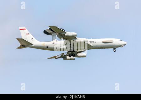 A Boeing E-3 Sentry - American airborne early warning and control (AEWC) aircraft during a flight demonstration at the 2021 Airshow London SkyDrive. Stock Photo
