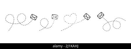 Envelope with line dotted route set. Flying mails group. Sending message linear collection. Vector isolated on white Stock Vector
