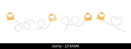 Envelope with line dotted route set. Flying mails group. Sending message linear collection. Vector isolated on white Stock Vector