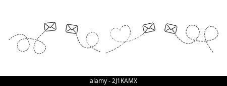 Envelope with line dotted route set. Flying mails group. Sending message linear collection. Vector isolated on white Stock Vector