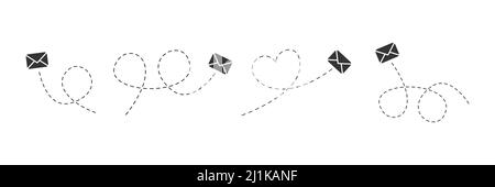 Envelope with line dotted route set. Flying mails group. Sending message linear collection. Stock Vector