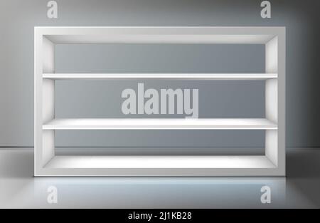 White showcase with shelves in shop, boutique or gallery. Vector realistic mockup of empty display stand, rack or bookshelf for presentation products Stock Vector