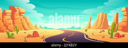 Desert landscape with road, rocks and cactuses. Vector cartoon illustration of highway turn in Arizona or Mexico hot sand desert with orange mountains Stock Vector