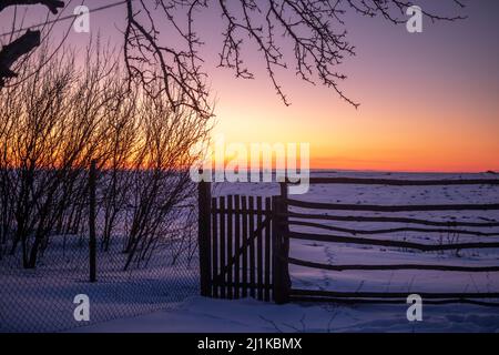Old wood fence and magic winter sunset, nature background photo Stock Photo