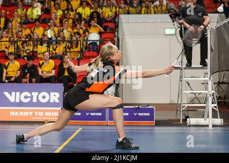 DEN HAAG, NETHERLANDS - MARCH 26: Selena Piek of BC Duinwijck during the Finale Landskampioenschap Eredivisie Badminton match between Avi Air Almere and BC Duinwijck at Sportcampus Zuiderpark on March 26, 2022 in Den Haag, Netherlands (Photo by Hans van der Valk/Orange Pictures) Stock Photo