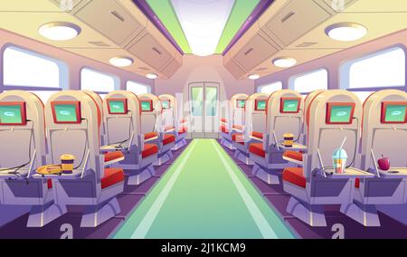 Empty bus, train or airplane interior with chairs and folding back seat tables. Vector cartoon cabin of passenger carriage transport, seats with digit Stock Vector