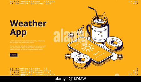 Weather app isometric landing page. Mobile phone with shining sun icon on screen near milkshake cocktail drink in glass jar with straw and donuts on y Stock Vector