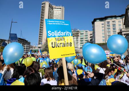 London, UK. 26th Mar, 2022. Participants at the London Stands with Ukraine March, London in support of Ukraine against the Russian invasion and war Credit: Paul Brown/Alamy Live News Stock Photo