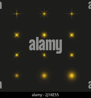 Bright yellow star set. Glow stars effect. Sparkling magical elements. Stock Vector
