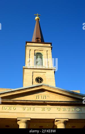 The steeple and the façade of Basilica St Louis, one of the oldest Catholic Churches in the United States Stock Photo