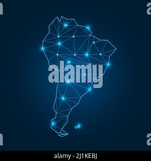 South America map with polygonal glowing shapes. World map linear continent with lighting dots. Stock Vector
