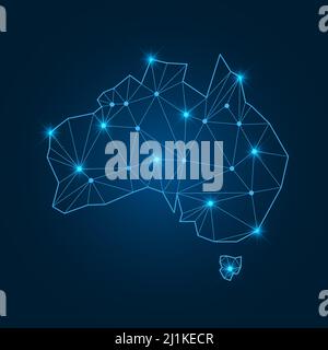 Australia map with polygonal glowing shapes. World map linear continent with lighting dots. Stock Vector