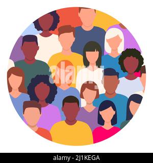 Human social diversity crowd in circle. Diverse multicultural group of people standing together in round shape Stock Vector