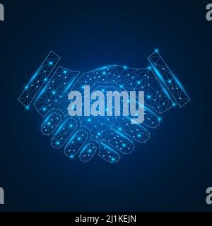 Handshake with polygonal blue glowing shapes. Business agreement concept with lighting dots. Stock Vector