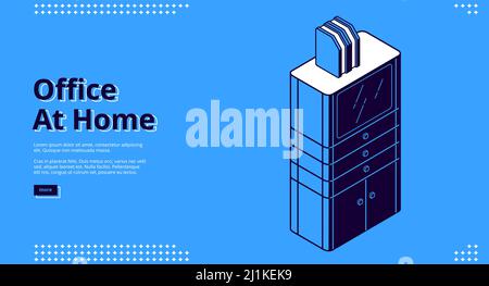 Office at home isometric landing page. Workplace with drawer cabinet and file organizer on blue background, working equipment for businessman, analyst Stock Vector