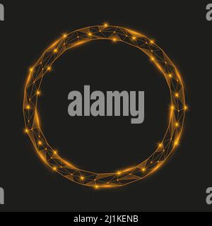 Abstract low poly golden circular frame with glowing orange elements. Round shape with shinning connecting dots and lines. Stock Vector