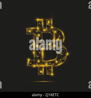 Bitcoin with polygonal orange glowing shapes. Crypto currency shinning coin Stock Vector
