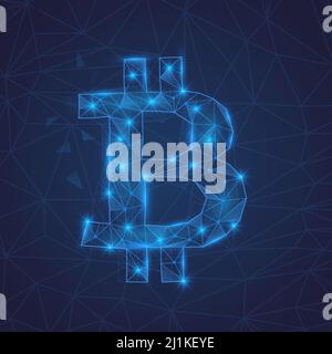 Bitcoin symbol with polygonal blue glowing shapes. Crypto currency shinning sign. Stock Vector