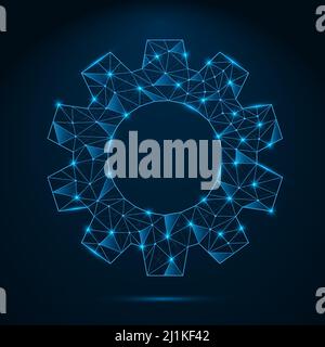 Futuristic glowing low polygonal gear symbol. Cogwheel sign with connection lighting dots. Stock Vector