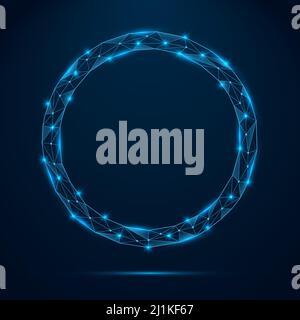 Abstract low poly blue circular frame with glowing elements. Round shape with shinning connecting dots and lines. Stock Vector
