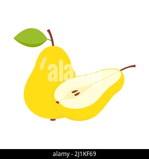 Yellow pear whole and half. Sweet cute flat pear with green leaf. Vector isolated on white. Stock Vector