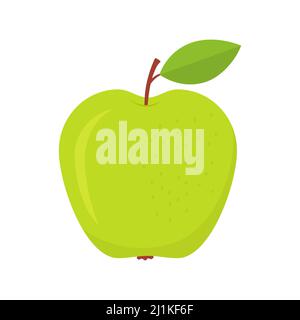 Green apple. Sweet cute flat apple with leaf. Vector isolated on white. Stock Vector