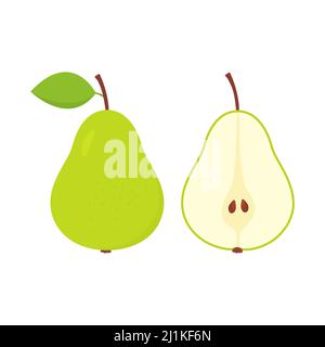 Green whole and half pears. Sweet cute flat pear with leaf. Vector isolated on white. Stock Vector
