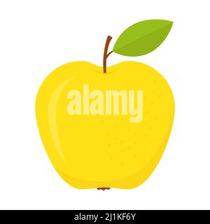 Yellow apple. Sweet cute flat apple with green leaf. Vector isolated on white. Stock Vector