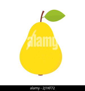 Yellow pear whole and half. Sweet cute flat pear with green leaf. Vector isolated on white. Stock Vector