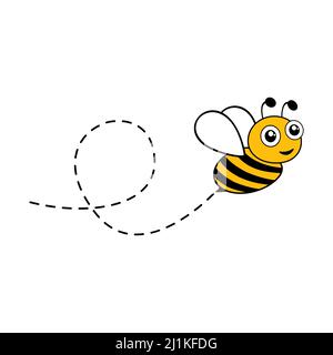 Flying cute bee with dotted route. Vector illustration isolated on white. Stock Vector