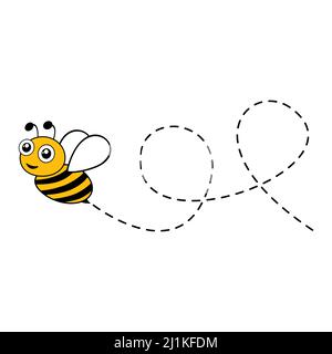 Flying cute bee with dotted route. Vector illustration isolated on white. Stock Vector