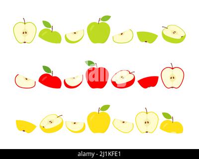 Green, red and yellow apples fresh slices set. Sliced apples big collection. Vector isolated on white. Stock Vector