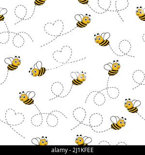 Cute flying bees seamless pattern. Black and yellow bees isolated on white background. Stock Vector