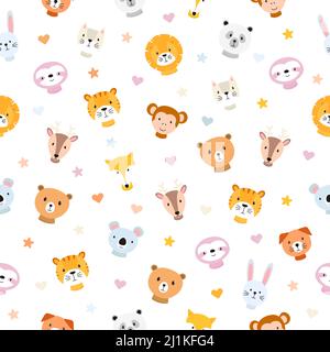 Cute animals heads seamless pattern background. Vector child illustration. Stock Vector