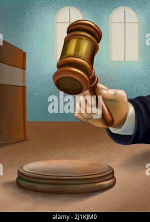 Judge giving his verdict in a courtroom. Close-up on the hand holding a gavel. Digital illustration. Stock Photo