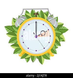 Yellow alarm clock moving forward in one hour. Daylight saving time banner. Spring clock change vector illustration. Stock Vector