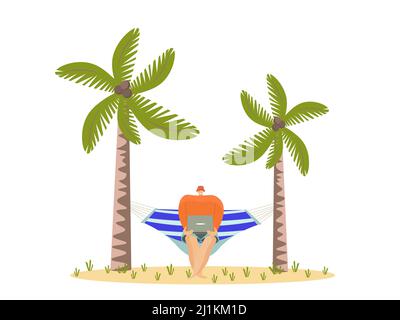 Freelancer working with laptop in hammock on the beach. Flat vector illustration. Stock Vector