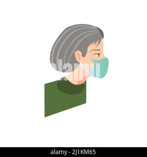 Aged woman wearing medical mask isolated on white background. Vector illustration. Stock Vector