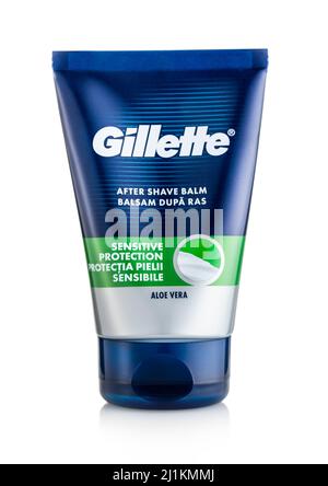 LONDON,UK - MARCH 05,2022: Gillette after shave balm with aloe vera on white. Stock Photo