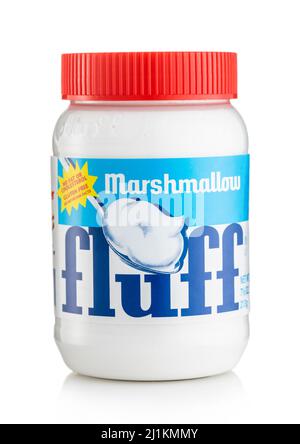 LONDON,UK - MARCH 05,2022: Vanilla Fluff Marshmallow spread on white. Stock Photo