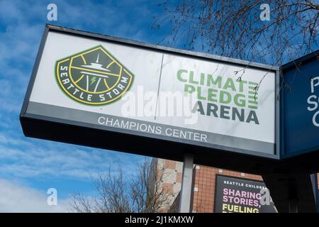 Seattle, WA USA - circa March 2022: Low angle view of the entrance sign to the Climate Pledge Arena for the Seattle hockey team. Stock Photo