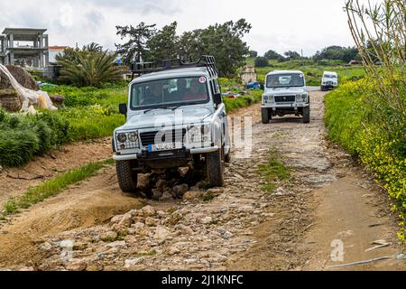 In the village of Akdeniz, which translated means Mediterranean Sea, you get an impression of typical Cypriot country life. The village community has purchased land rovers to bring tourists to Akdeniz Stock Photo