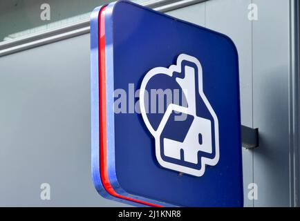 Cardiff, Wales - March 2022: Sign above the entrance to a branch of the Nationwide Building Society Stock Photo