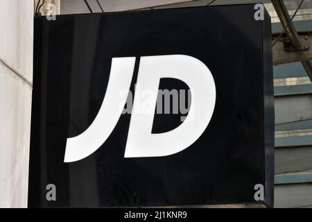 Cardiff, Wales - March 2022: Sign above the entrance to a branch of JD Sports Stock Photo