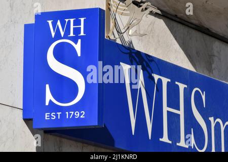 Cardiff, Wales - March 2022: Sign above the entrance to a branch of W H Smith Stock Photo