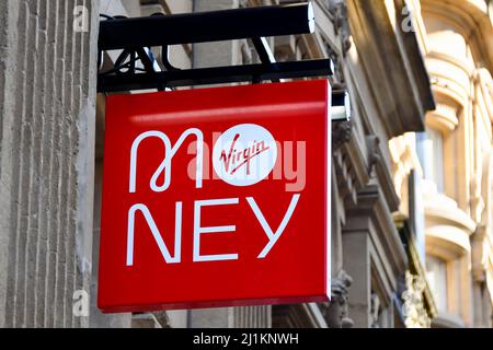 Cardiff, Wales - March 2022: Sign above the entrance to a branch of Virgin Money Stock Photo